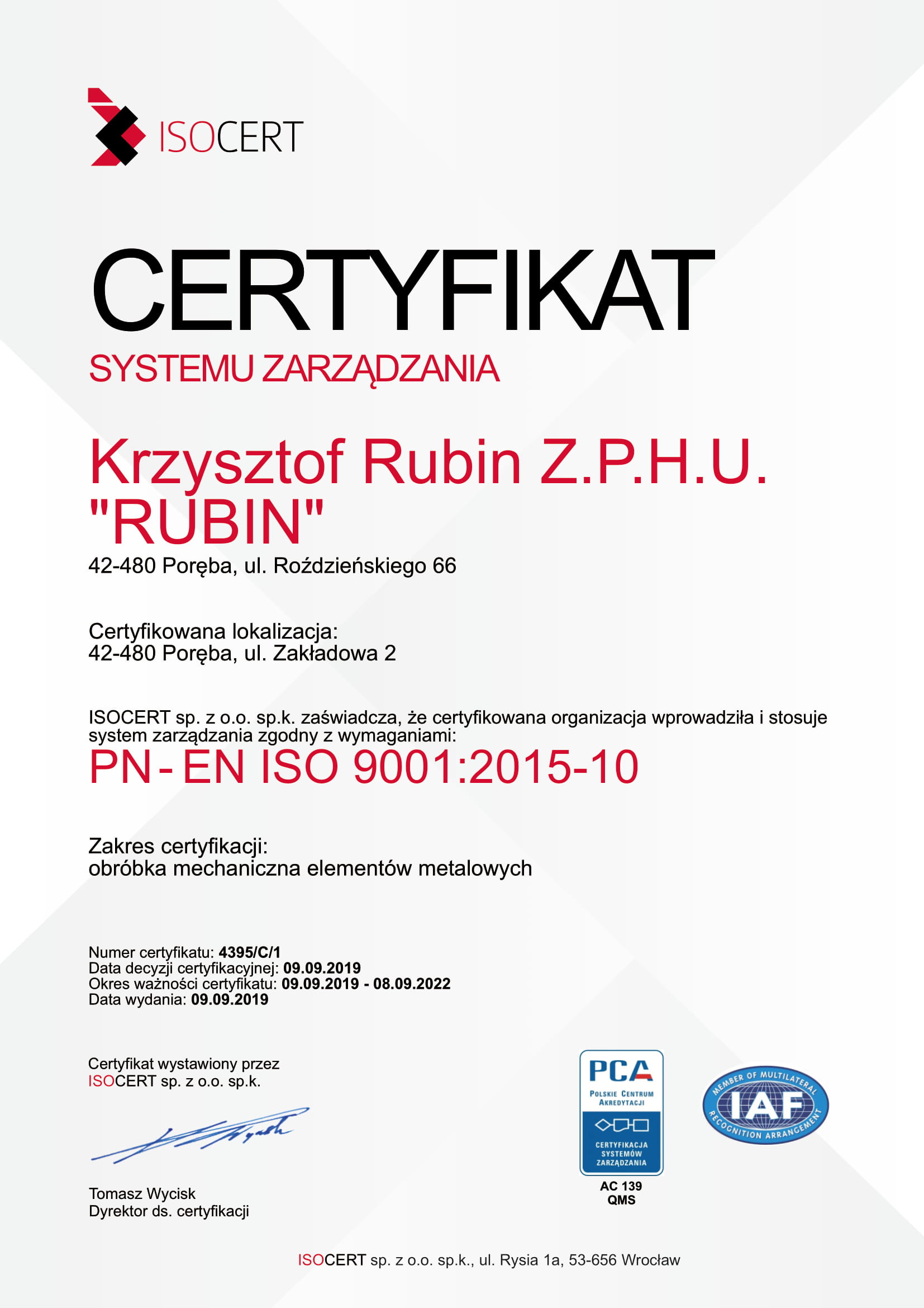Certyfikat systemu zarządzania Krzysztof Rubin